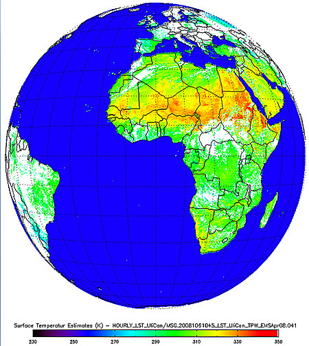 Example of the Land Surface Temperature (LST) product as generated by the GOES-R Land Surface Temperature algorithm using Meteoest-9/SEVIRI data on 15 April, 2008 12:45 UTC.