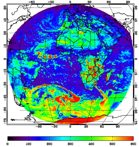 Example of the Reflected Shortwave Radiation (at the top of the atmosphere) product as generated by the GOES-R reflected Shortwave Radiation algorithm using Meteosat-8/SEVIRI data on 15 January 2006 12:00 UTC.