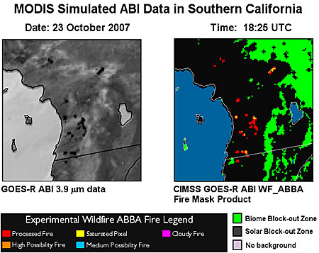 Example of the Fire/Hot Spot Characterization product as derived by the GOES-R Fire/Hot Spot Characterization algorithm using simulated GOES-R ABI 3.9 µm data over Southern California at 1825 UTC on 23 October 2007. 