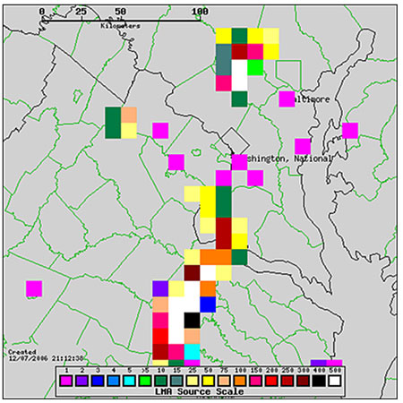Example display of GLM proxy lightning data centered over the Sterling, Virginia NWS office at 21:04 UTC on 07 December 2006.