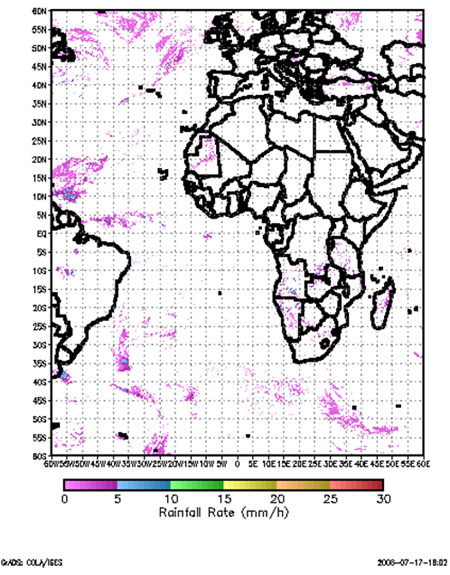 Example of the Rainfall Rate product as generated by the GOES-R Rainfall Rate algorithm using Meteosat-8/SEVIRI data on 07 January 2005 12:45 UTC.