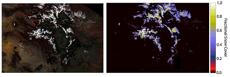Example of the Snow Cover product (right figure) as generated by the GOES-R Snow Cover algorithm using MODIS data (left image) over the Colorado Rockies on 30 April 2007. 