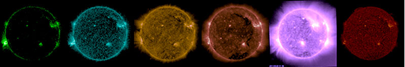 image:  SOHO-EIT and SDO-AIA data resampled to SUVI resolution.  94, 131, 171, 193, & 304 angstrom data is from SDO-AIA, and the 284 (bright pink) is from SOHO-EIT.
