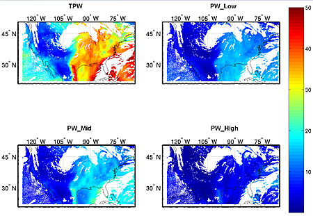 Examples of the Total Precipitable Water product (upper left) as generated by the GOES-R Temperature, Moisture, and Atmospheric Stability algorithm using simulated GOES-R data on 04 June 2005 22:00 UTC.  Also shown are intermediate layer Precipitable Water products for the lower troposphere (upper right), mid troposphere (lower left), and upper troposphere (lower right).