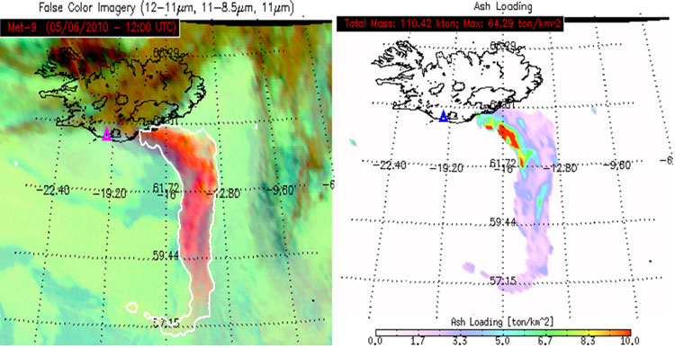 Ash Detection product (left), as indicated by white contour (i.e., all pixels within contour deemed to contain volcanic ash) overlaid on false color Meteosat-9/SEVIRI image as generated by the GOES-R Volcanic Ash algorithm. The associated ash loading retrievals are also shown (right).