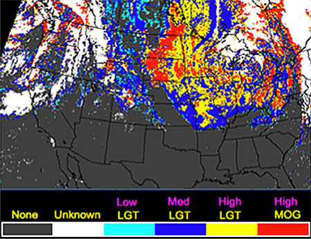 Example of the Flight Icing Threat index computed from the GOES-12 imager at 1745 UTC on November 8, 2008. LGT= light icing; MOG=Moderate or greater icing. Example of the Flight Icing Threat index computed from the GOES-12 imager at 1745 UTC on November 8, 2008. LGT= light icing; MOG=Moderate or greater icing.