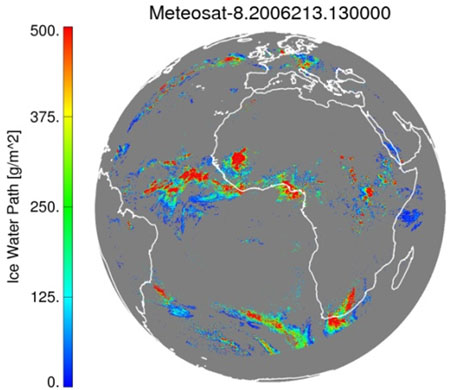 Example of the Cloud Ice Water Path (g m-2) product as generated by the ABI cloud optical and microphysical properties algorithm using Meteosat-8/SEVIRI data on 01 August 2006 at 1300 UTC.