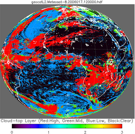 Example of the Cloud Layers/Height product as generated by the ABI Cloud Layer/Height algorithm using Meteosat-8/SEVIRI data on 07 January 2006 at 1200 UTC.