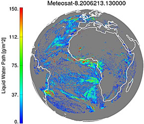 Example of the Cloud Liquid Water Path (g m-2) product as generated by the ABI Cloud Optical and Microphysical Properties algorithm using Meteosat-8/SEVIRI data on 01 August 2006 at 1300 UTC.