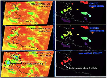 CI Algorithm output examples from 5 minute Meteosat-8 SEVIRI data from 08 June 2007. The top two images are at time 1 (1024 UTC), the middle two images are time 2 (1029 UTC). For the top two rows, the left side is the 10.7 micron channel image and the images on the right are the defined objects. The bottom row on the right is algorithm output valid at 1029 UTC and the bottom image on the left is the actual IR image in the future at 1124 UTC. CI Algorithm output examples from 5 minute Meteosat-8 SEVIRI data from 08 June 2007. The top two images are at time 1 (1024 UTC), the middle two images are time 2 (1029 UTC). For the top two rows, the left side is the 10.7 micron channel image and the images on the right are the defined objects. The bottom row on the right is algorithm output valid at 1029 UTC and the bottom image on the left is the actual IR image in the future at 1124 UTC.