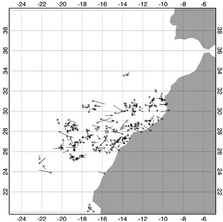 Example of the Ocean Currents product as generated by the GOES-R Ocean Currents algorithm using SEVIRI data on 08 July 2005 at 1200 UTC. Vector length indicates derived current strength (1 degree = 1 m/s). Example of the Ocean Currents product as generated by the GOES-R Ocean Currents algorithm using SEVIRI data on 08 July 2005 at 1200 UTC. Vector length indicates derived current strength (1 degree = 1 m/s).