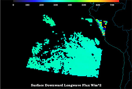 Example of the surface Downward Longwave Radiation (W/m**2) product as generated by the GOES-R Downward Longwave Radiation algorithm for Terra MODIS on 24 August 2006 at 1610 UTC. Example of the surface Downward Longwave Radiation (W/m**2) product as generated by the GOES-R Downward Longwave Radiation algorithm for Terra MODIS on 24 August 2006 at 1610 UTC.