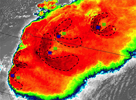 Example of the Enhanced “V”/Overshooting Top product as generated by the ABI Enhanced “V”/Overshooting Top algorithm using MODIS 10.7 um imagery on 04/07/2006 at 18:25 UTC. Overshooting Top locations are indicated by blue symbols (only OTs with thermal couplets are shown). Enhanced-V Detections are indicated by green symbols. Example of the Enhanced “V”/Overshooting Top product as generated by the ABI Enhanced “V”/Overshooting Top algorithm using MODIS 10.7 um imagery on 04/07/2006 at 18:25 UTC. Overshooting Top locations are indicated by blue symbols (only OTs with thermal couplets are shown). Enhanced-V Detections are indicated by green symbols.
