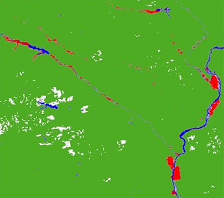 Example of the Flood/Standing Water product as generated by the GOES-R Flood/Standing Water algorithm for MODIS on 19 June 2008. The original water body is shown in blue, flooded areas  are shown in red, and land is shown in green.