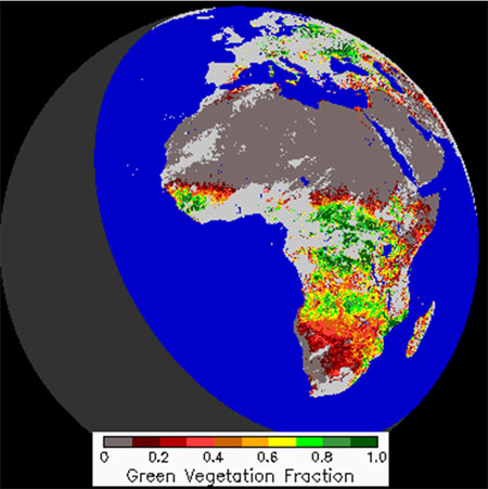 Example of the Green Vegetation Fraction (GVF) product as generated by the GOES-R GVF algorithm using SEVIRI data on 07 December 2007. Example of the Green Vegetation Fraction (GVF) product as generated by the GOES-R GVF algorithm using SEVIRI data on 07 December 2007.
