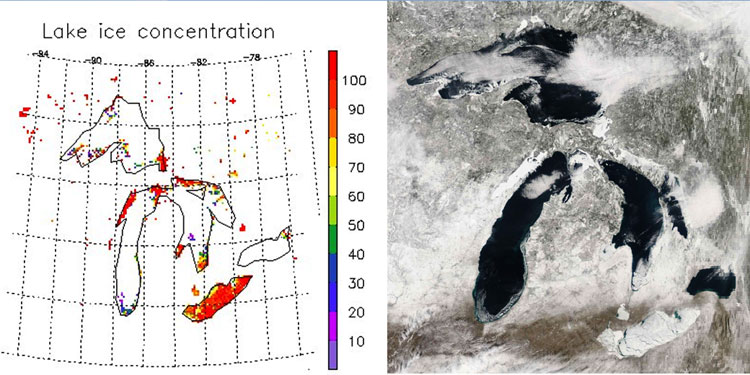 Example of the Ice Concentration (%) over the Great Lakes (left) as generated by the GOES-R Ice Cover and Concentration algorithm using MODIS Aqua data on 24 February 2008. Aqua MODIS true color image is shown on the right for reference. 
