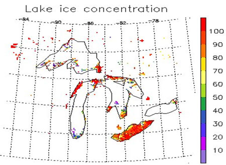 Example of the Ice Concentration product (%) over the Great Lakes as generated by the GOES-R Sea and Lake Ice Concentration algorithm using MODIS Aqua data on 24 February 2008. Example of the Ice Concentration product (%) over the Great Lakes as generated by the GOES-R Sea and Lake Ice Concentration algorithm using MODIS Aqua data on 24 February 2008.