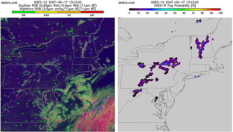 Full disk false color image from the GOES-12 imager at 13:15 UTC on 17 August 2007 (left). Example of the corresponding Fog/Low Cloud Detection product (right) as generated by the ABI Fog/Low Cloud Detection algorithm.
