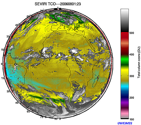 Example of the Total Ozone product (DU) as generated by the GOES-R Total Ozone algorithm for Meteosat-8 SEVIRI on 01 August 2006 at 2300 UTC.
