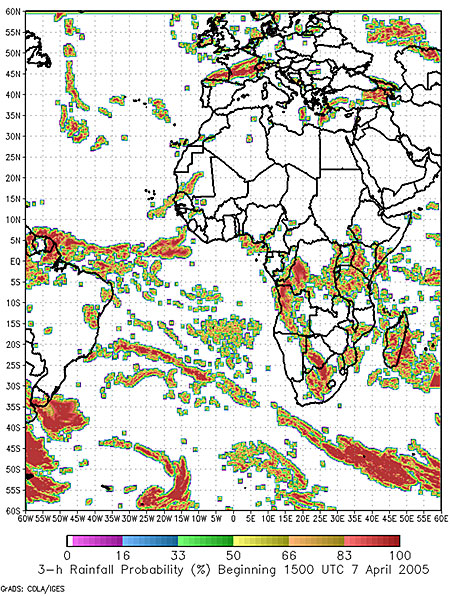 Example of the Probability of Rainfall product for the 3 hours beginning 1500 UTC on 8 July 2005 derived from Rainfall Potential and Rainfall Rate fields based on SEVIRI data.