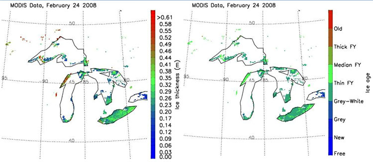 Example of the Ice Thickness (left) and Ice Age (right) products over the Great Lakes as generated by the GOES-R Ice Age and Thickness algorithm using MODIS Aqua data on 24 February 2008.