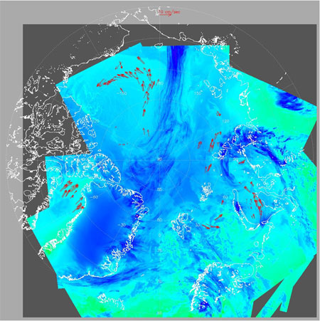 Example of the Ice Motion Vectors derived from MODIS data acquired at Tromso, Norway on 08 May 2008. The ice motion vectors are overlaid on composite 11um MODIS imagery.
