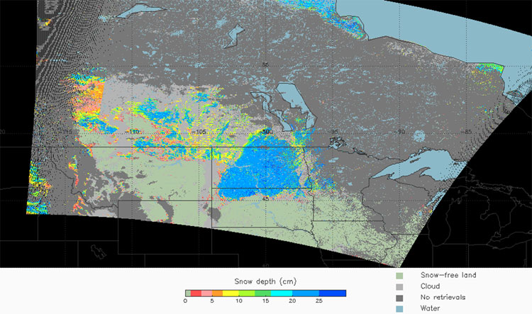 Example of the Snow Depth product over the Northern Plains as generated by the GOES-R Snow Depth algorithm using MODIS Terra data on 11 November 2009.