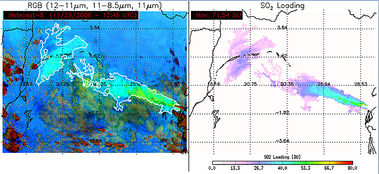Example of the SO<sub>2</sub> product as generated by the GOES-R SO<sub>2</sub> Detection algorithm for Meteosat-8 SEVIRI on 29 November 2006 at 1245 UTC. Areas of detected SO<sub>2</sub> resulting from the eruption of the Nyamuragira volcano in central Africa are outlined in white in the figure on the left.  Estimates of the SO<sub>2</sub> loading (DU) determined by the algorithm are shown in the figure on the right.