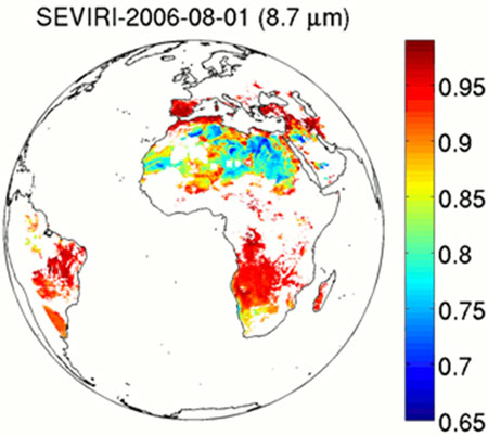Example of the Land Surface Emissivity product as generated by the GOES-R Land Surface Emissivity algorithm using SEVIRI data on 01 August 2006. Example of the Land Surface Emissivity product as generated by the GOES-R Land Surface Emissivity algorithm using SEVIRI data on 01 August 2006.