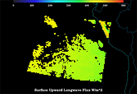 Example of the surface Upward Longwave Radiation (W/m**2) product as generated by the GOES-R Upward Longwave Radiation algorithm for Terra MODIS on 24 August 2006 at 1610 UTC. Example of the surface Upward Longwave Radiation (W/m**2) product as generated by the GOES-R Upward Longwave Radiation algorithm for Terra MODIS on 24 August 2006 at 1610 UTC.