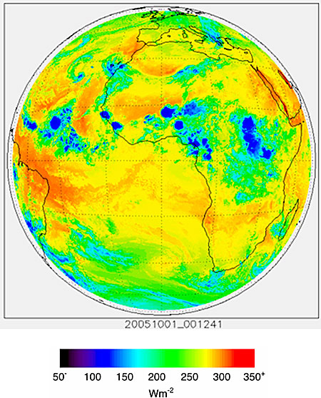 Example of the Upward Longwave Radiation product (W/m**2) as generated by the GOES-R Upward Longwave Radiation algorithm for Meteosat-8 SEVIRI on 01 October 2005 at 0000 UTC. Example of the Upward Longwave Radiation product (W/m**2) as generated by the GOES-R Upward Longwave Radiation algorithm for Meteosat-8 SEVIRI on 01 October 2005 at 0000 UTC.