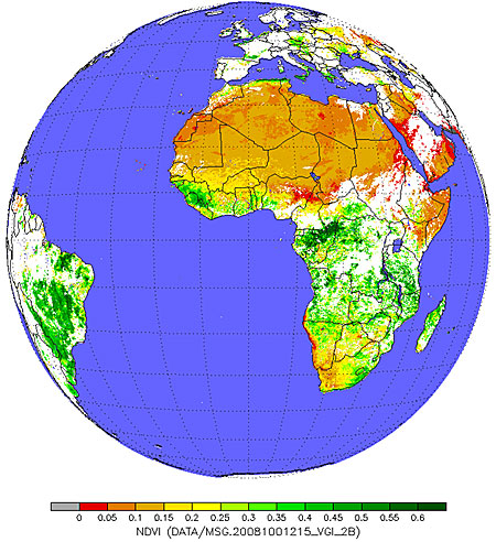 Example of the Vegetation Index product as generated by the GOES-R Vegetation Index algorithm using SEVIRI data on 09 April 2008 at 1215 UTC. Example of the Vegetation Index product as generated by the GOES-R Vegetation Index algorithm using SEVIRI data on 09 April 2008 at 1215 UTC.