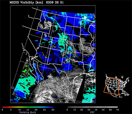 Example of Visibility retrievals as generated by the ABI Visibility algorithm using MODIS data (including MODIS Aerosol Optical Depth measurements) over Denver at on 31 August 2009 at 08:45 UTC. A broad area of reduced visibility (blue-green) is observed that extends throughout eastern Colorado, western Kansas and western Nebraska northward into eastern parts of Wyoming and central Montana. Example of Visibility retrievals as generated by the ABI Visibility algorithm using MODIS data (including MODIS Aerosol Optical Depth measurements) over Denver at on 31 August 2009 at 08:45 UTC. A broad area of reduced visibility (blue-green) is observed that extends throughout eastern Colorado, western Kansas and western Nebraska northward into eastern parts of Wyoming and central Montana.