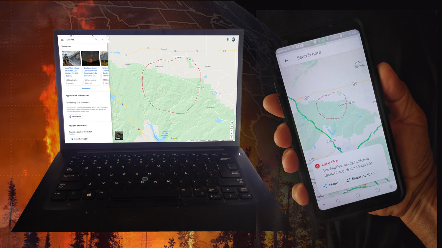 Google’s new wildfire-mapping feature, created using GOES data, includes fire boundaries and official updates. Credit: Steve Sabia, GOES-R/NOAA/NASA