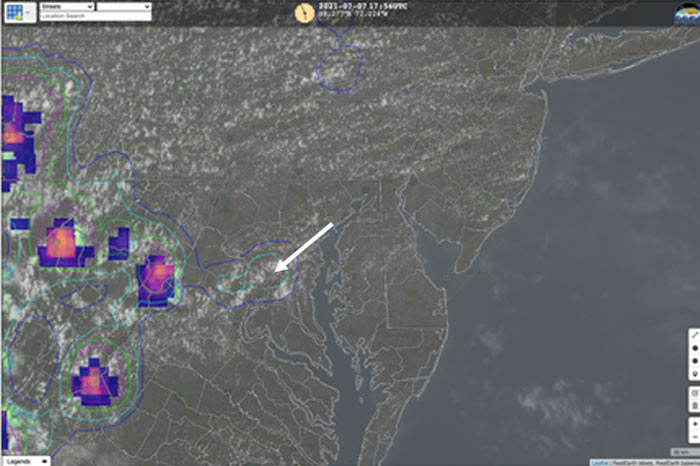 At 2:21 p.m. EST, the lightning prediction tool indicated a greater than 75% chance of lightning.