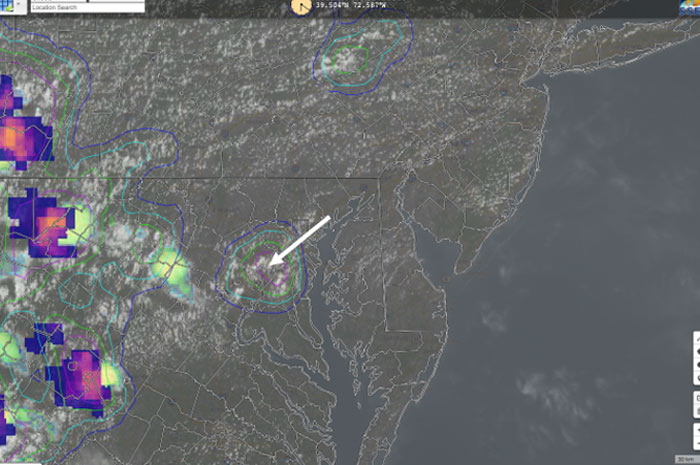 At 2:46 p.m. EST, lightning was observed by the GLM, shortly after it began to rain