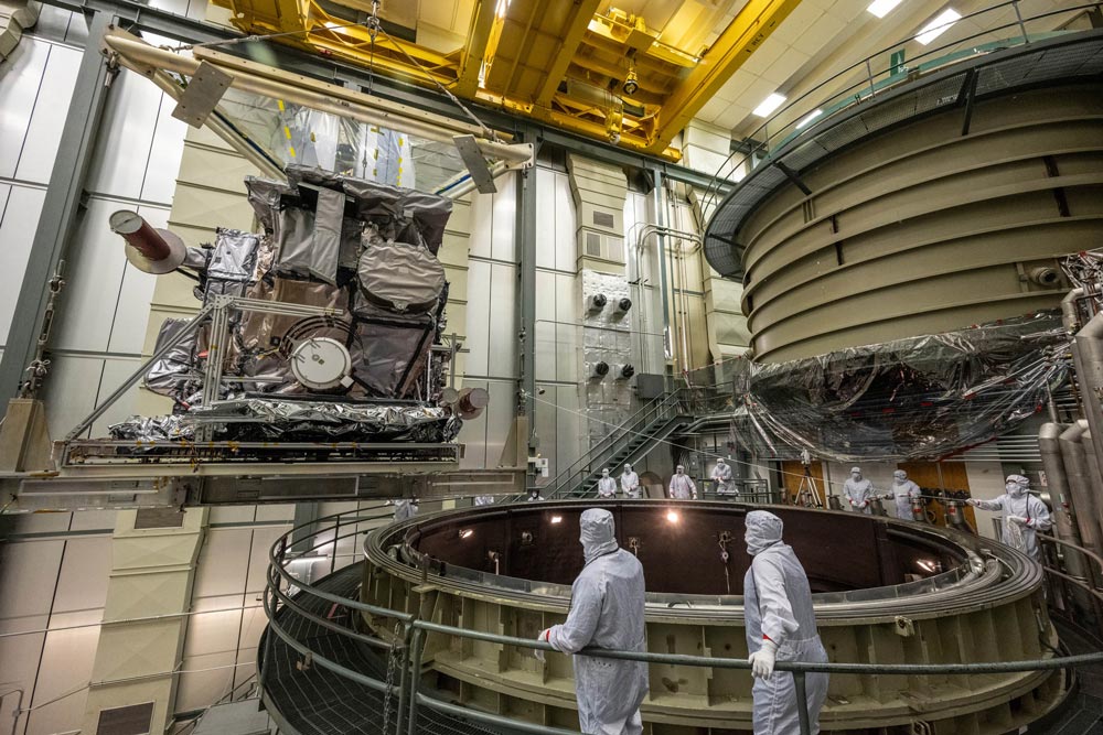 GOES-T lifted to the thermal vacuum chamber. Credit: Lockheed Martin
