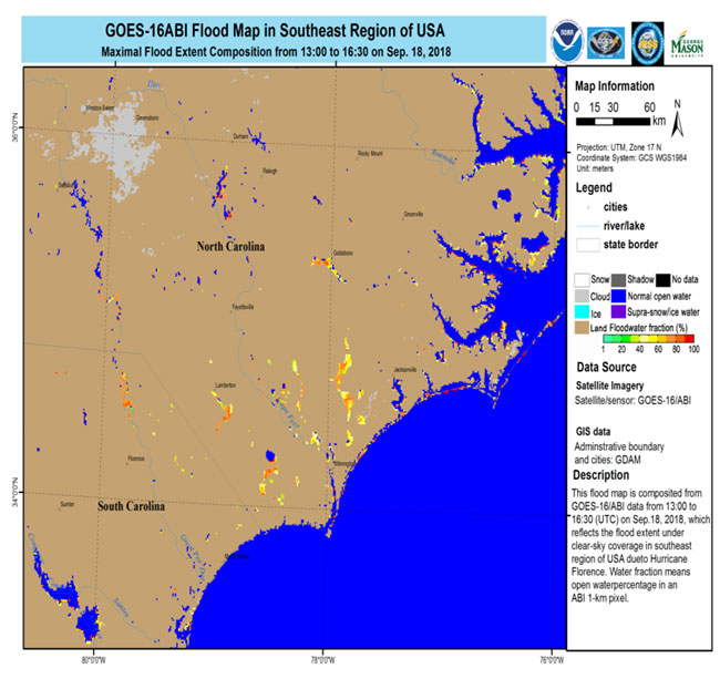 GOES-16 ABI map of flooding caused by Hurricane Florence in 2018