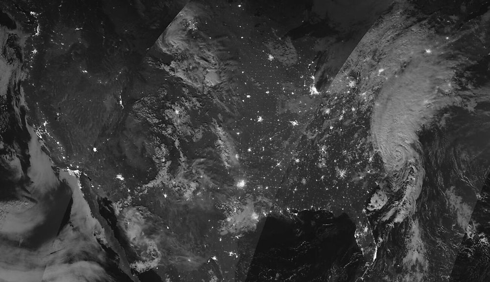 Tropical Storm Isaias as seen by the NOAA-20 Day-Night-Band on August 4, 2020. Credit: NOAA