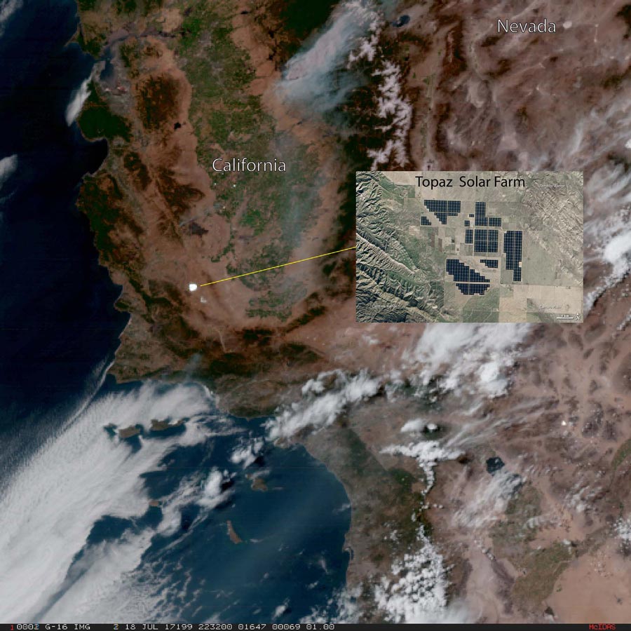 GOES-16 true color imagery over California collected on July 18, 2017 shows the reflection of sunlight off solar panels at the Topaz Solar Farm (inset) seen in the bright white patch noted in the imagery. Credit: CIRA