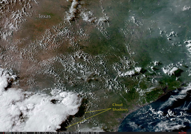 GOES-16 true color imagery over southern Texas on July 18, 2017 shows long afternoon shadows being cast by thunderstorm anvils. Credit: CIRA
