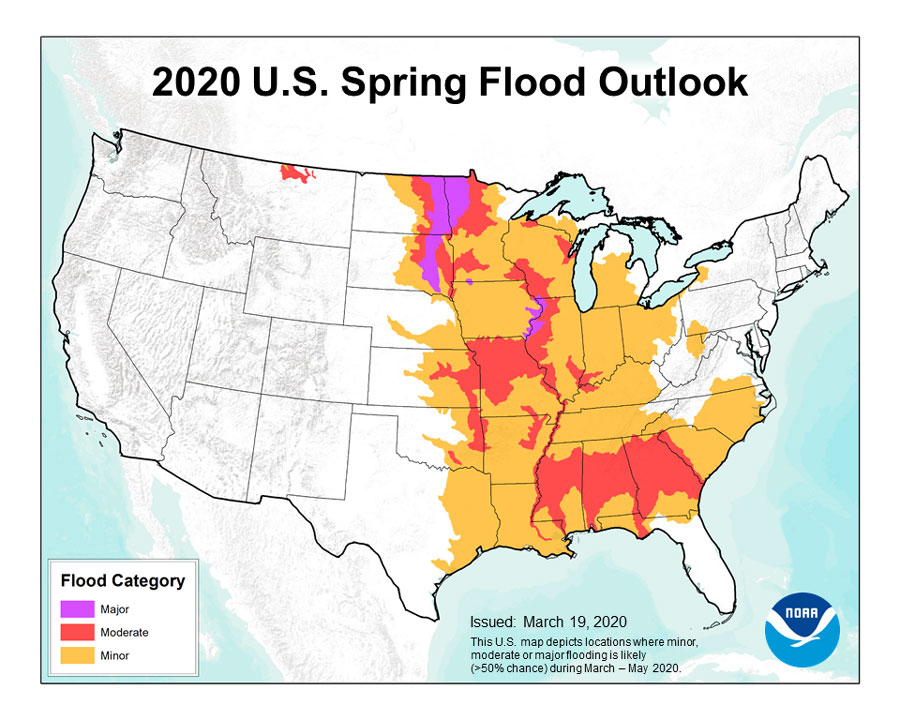 This map depicts the locations where there is a greater than 50-percent chance of major, moderate or minor flooding during the spring period of March through May 2020