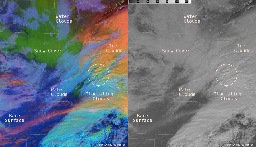 GOES-16 day cloud phase distinction RGB imagery (left) and .0.64 µm visible channel (right) imagery from the same time on February 9, 2020