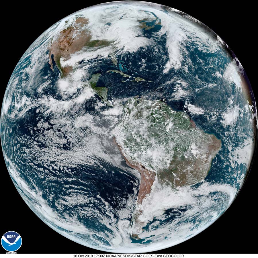 GOES-16 full disk GeoColor image from October 16, 2019. GeoColor is an RGB that approximates what the human eye would see from space. Credit: NOAA/CIRA