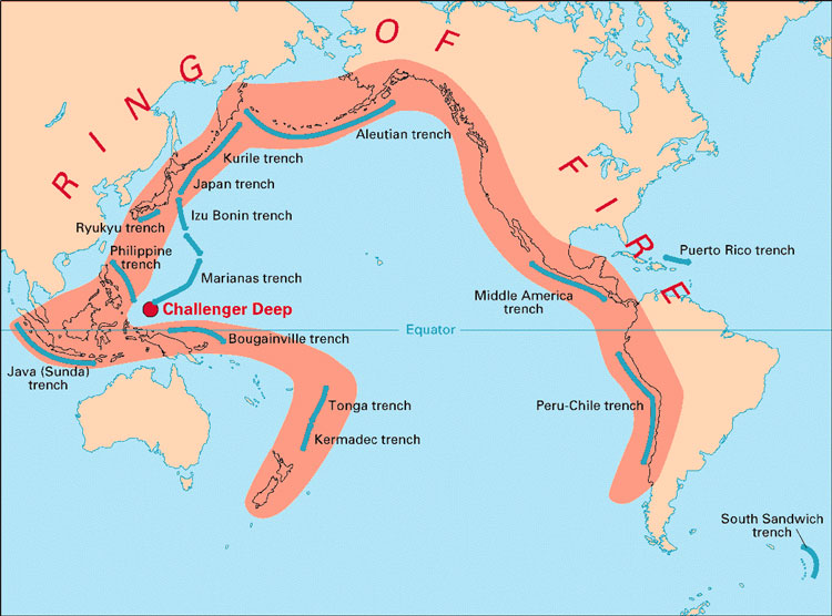 Volcanic arcs and oceanic trenches 