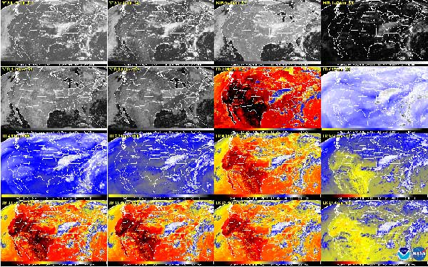 16-panel image shows a snapshot of the continental U.S. and surrounding oceans from each of the Advanced Baseline Imager channels