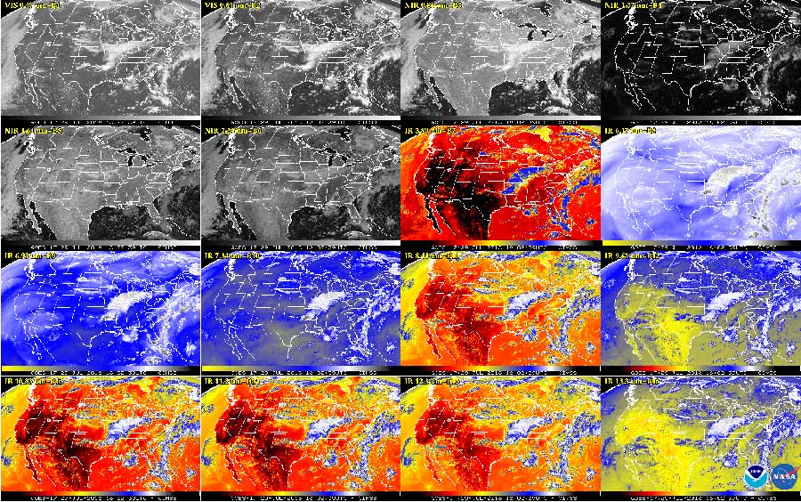 16-panel image shows a snapshot of the continental U.S. and surrounding oceans from each of the Advanced Baseline Imager channels