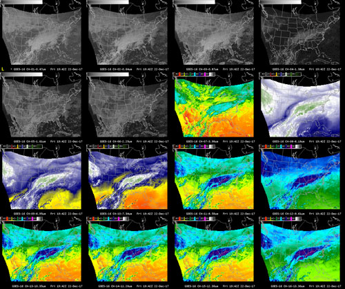 16 images of the contiguous United States showing each of the ABI spectral bands. Visible imagery is shown in black and white and infrared imagery is colorized according to the features seen in each panel.