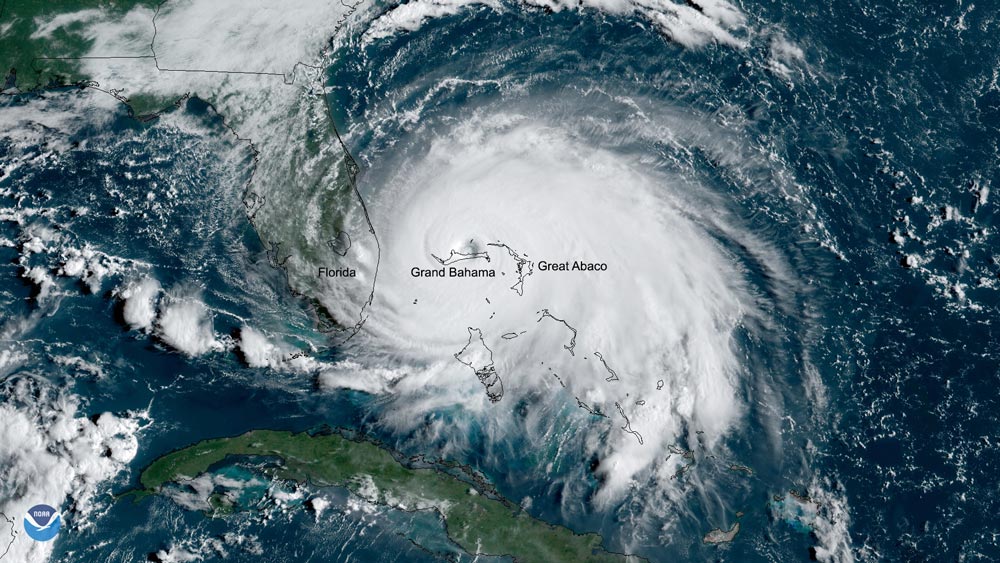 Category 5 Hurricane Dorian over Grand Bahama on September 2, 2019