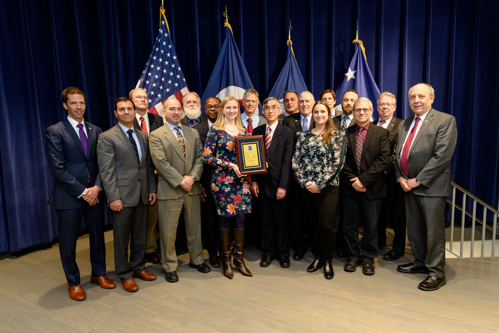 2019 Administrator’s Award recipients, including GOES-R’s Kathryn Mozer and Elizabeth Kline, who were honored for innovation and collaborative problem-solving to establish NWS’ operational readiness for new weather-satellite data products.